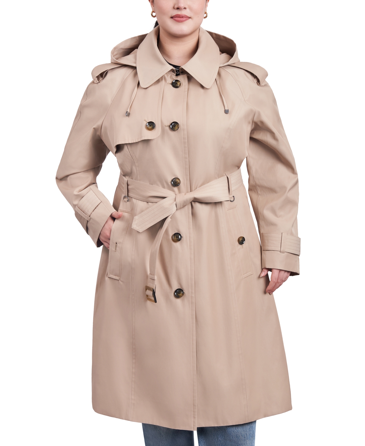 Women's Plus Size Belted Hooded Water-Resistant Trench Coat - Cloudy