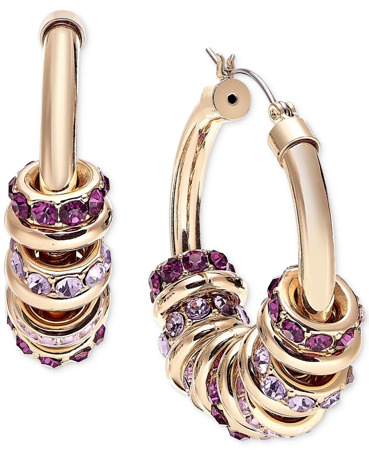Shop Inc International Concepts Gold-tone Purple Crystal Stacked Medium Hoop Earrings, 1.72", Created For Macy's