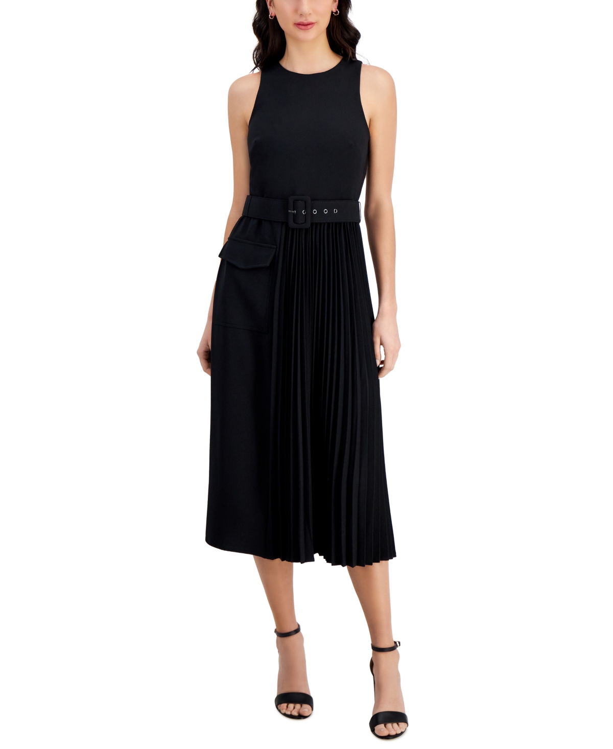 Women's Belted Stretch Crepe Sunburst-Pleat Dress - Black