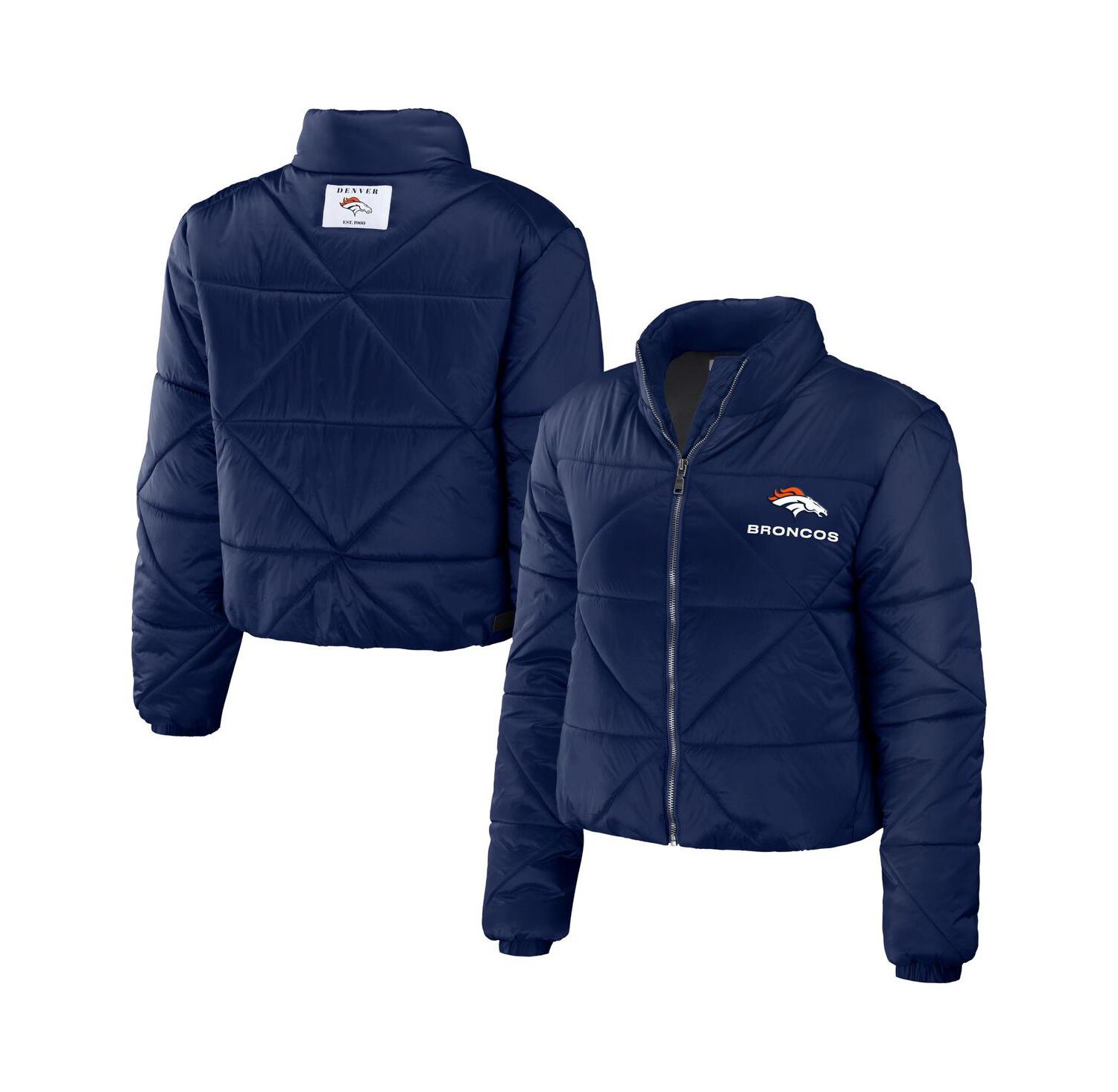 Women's Navy Denver Broncos Cropped Puffer Full-Zip Jacket