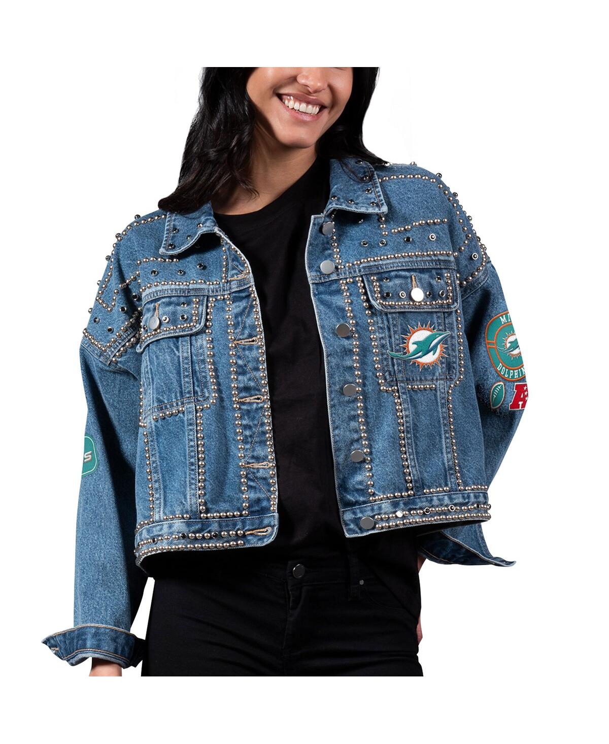 Shop G-iii 4her By Carl Banks Women's  Miami Dolphins First Finish Medium Denim Full-button Jacket In Blue