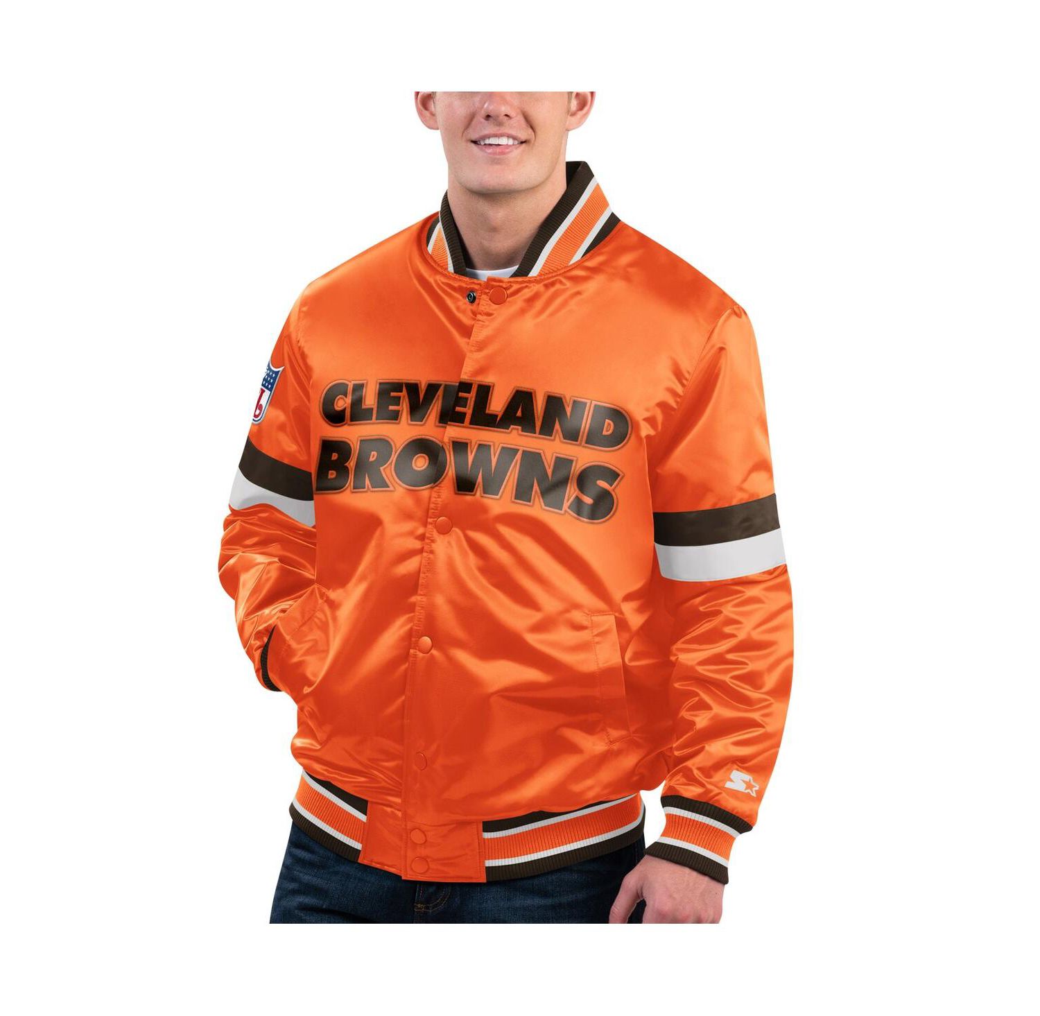 Men's Orange Distressed Cleveland Brown Gridiron Classics Home Game Satin Full-Snap Varsity Jacket