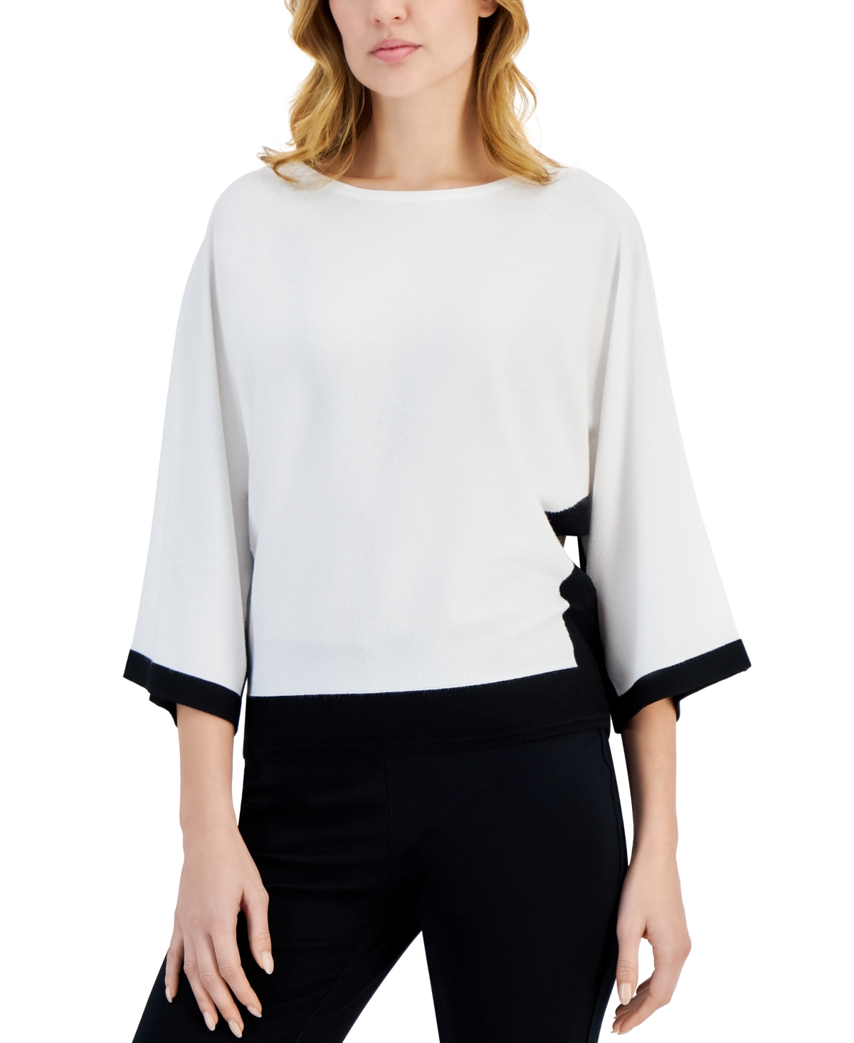 T Tahari Women's 3/4-dolman-sleeve Contrast-trim Crewneck Sweater In White Star  Black