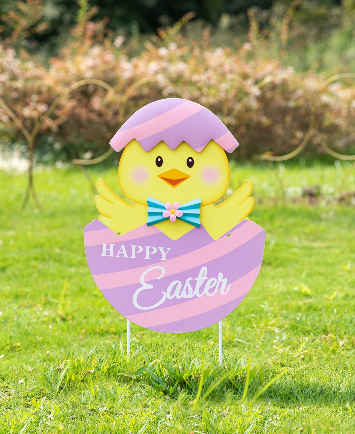 Glitzhome 24" H Easter Metal Baby Chicken Egg Yard Stake In Multi