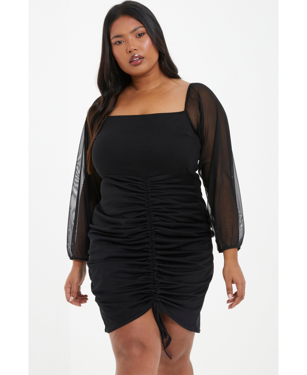Women's Mesh Long Sleeve Ruched Dress - Black