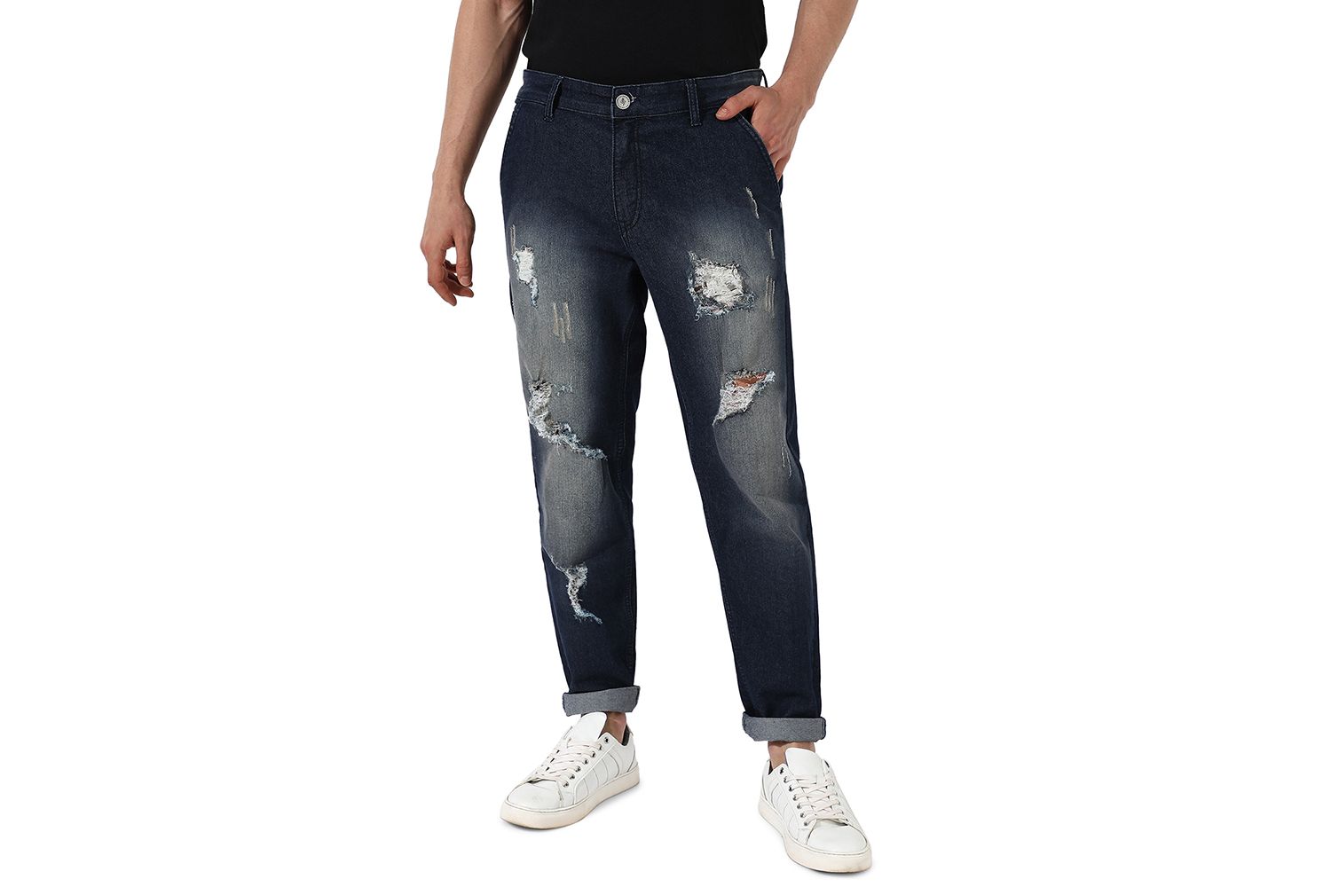 Men's Ripped Dark-Wash Denim Jeans