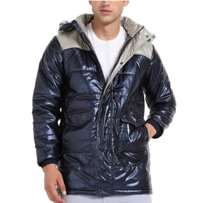 Men's Blue and Beige Zip-Front Puffer Jacket With Fur Detail