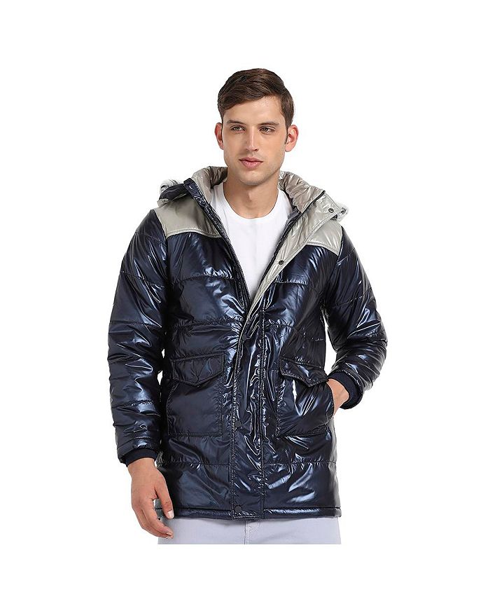 Campus Sutra Men's Blue & Beige Zip-Front Puffer Jacket With Fur Detail ...