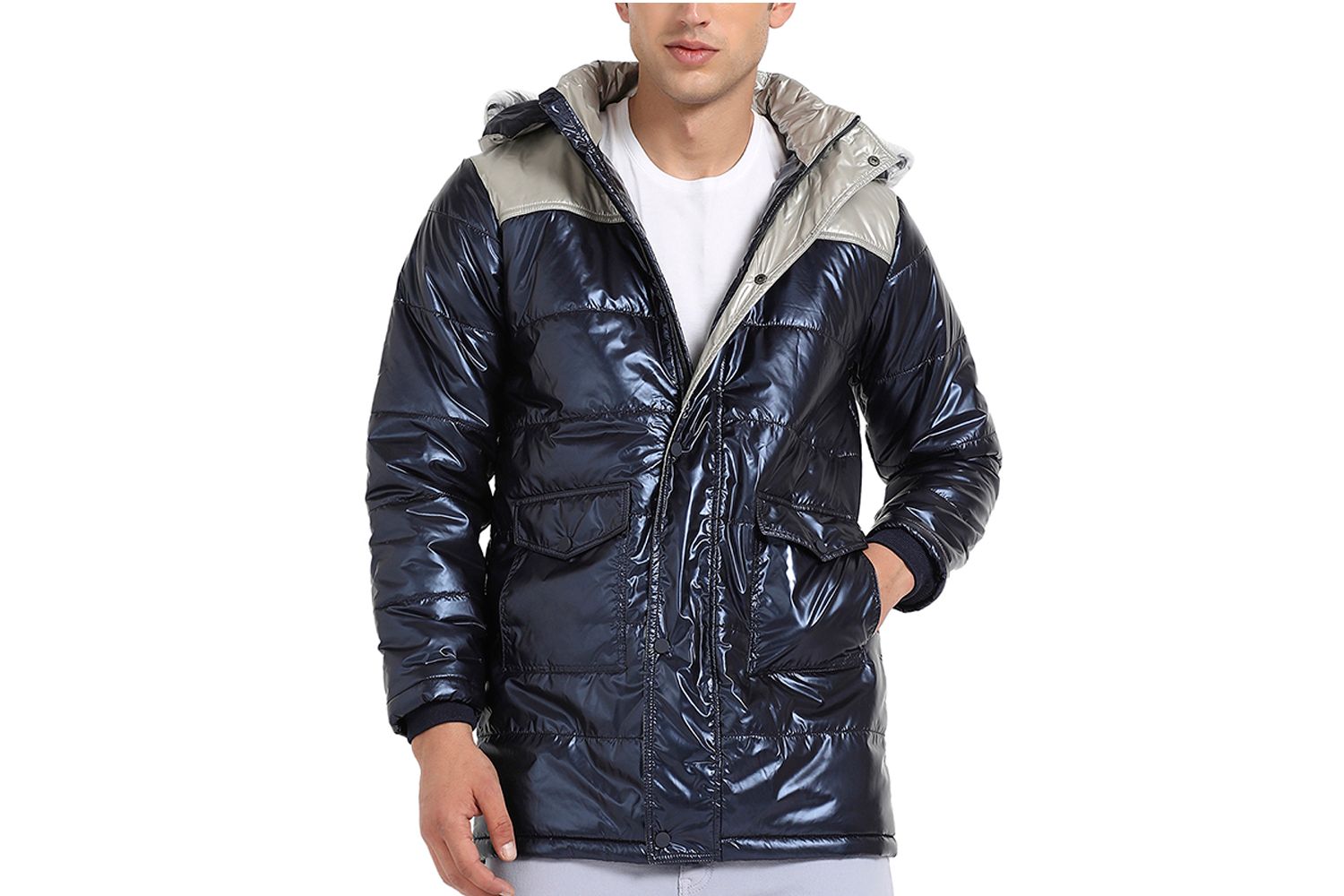 Men's Blue and Beige Zip-Front Puffer Jacket With Faux Fur Detail