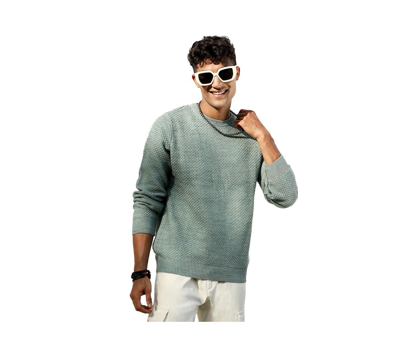 Мужской свитер Campus Sutra Sage Green Textured Knit Pullover, цвет: Шалфейный зелёный — фото 1
