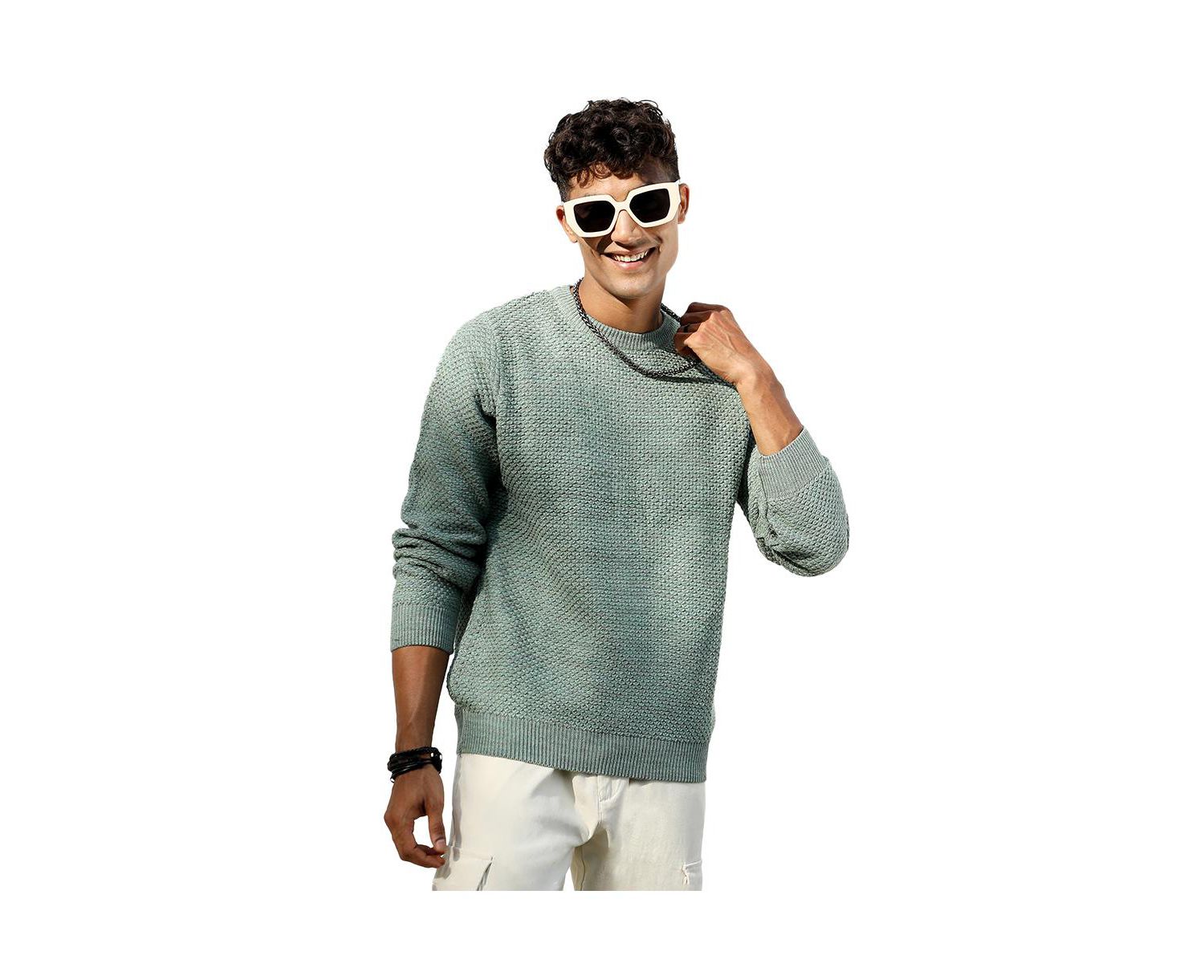 Men's Sage Green Textured Knit Pullover Sweater