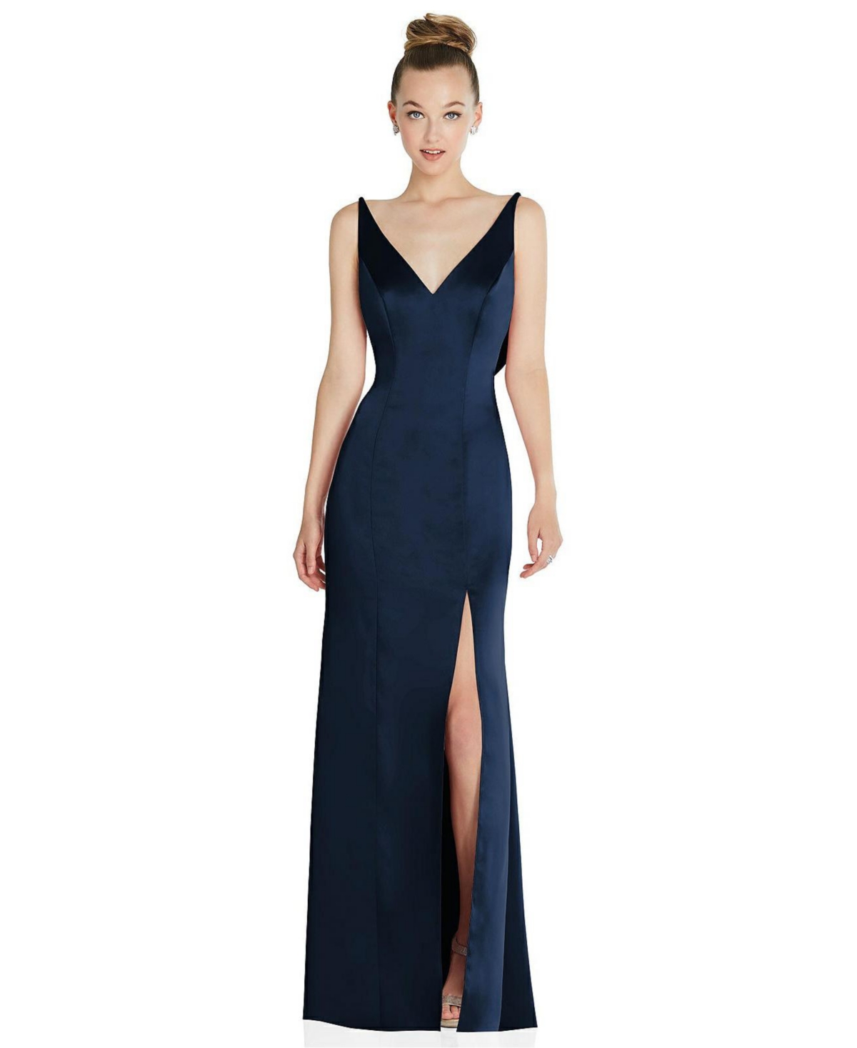 Draped Cowl-Back Princess Line Dress with Front Slit - Midnight navy