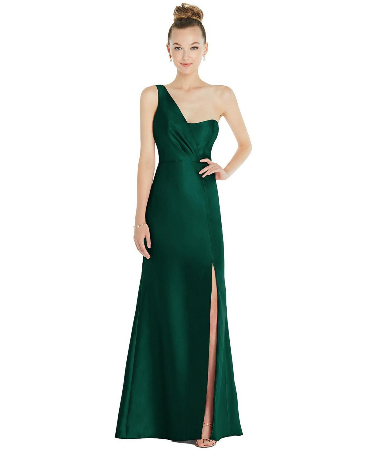 Draped One-Shoulder Satin Trumpet Gown with Front Slit - Midnight navy