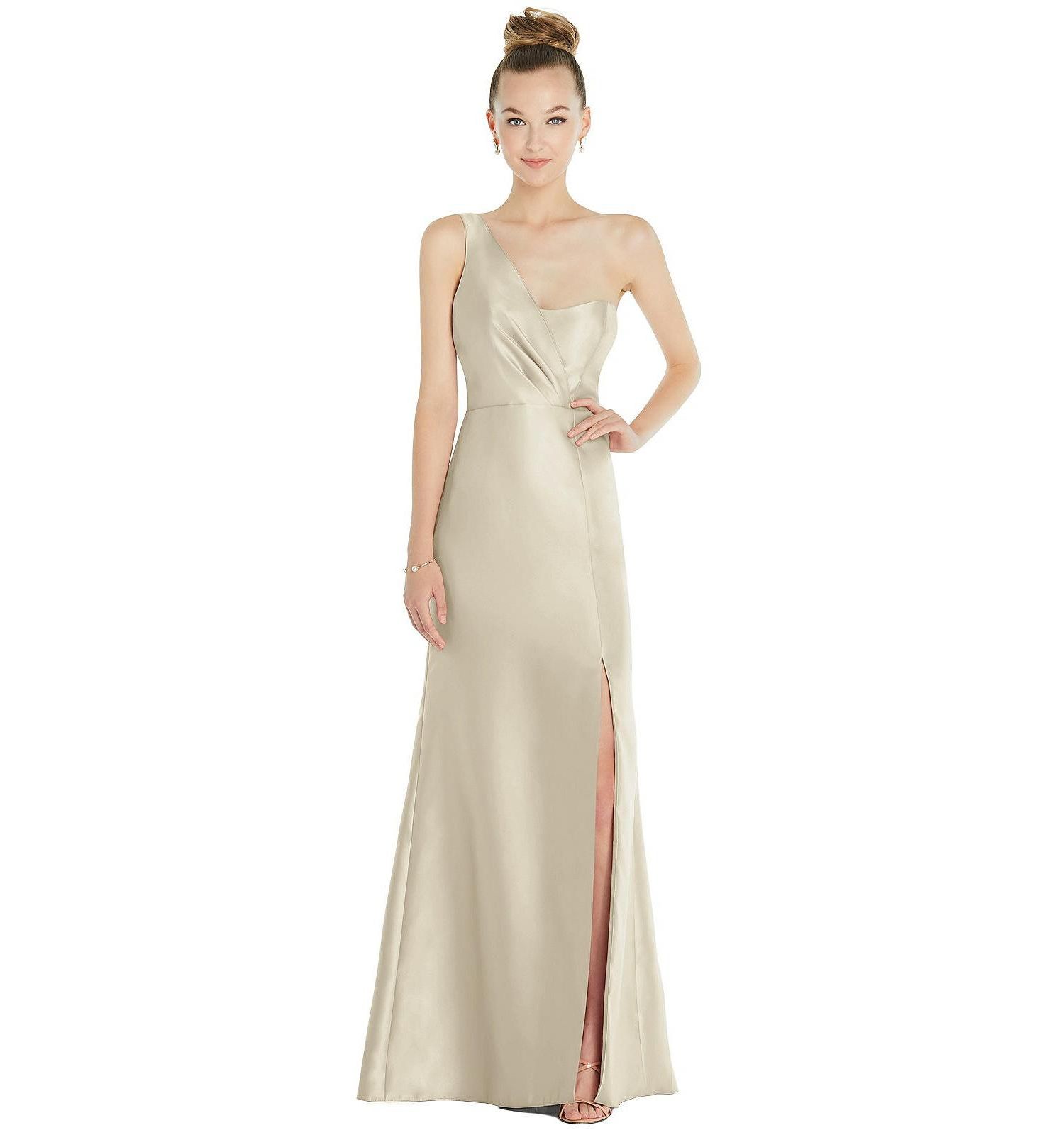 Draped One-Shoulder Satin Trumpet Gown with Front Slit