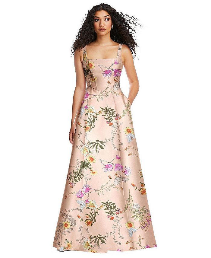 Alfred Sung Womens Boned Corset Closed-Back Floral Satin Gown with Full ...