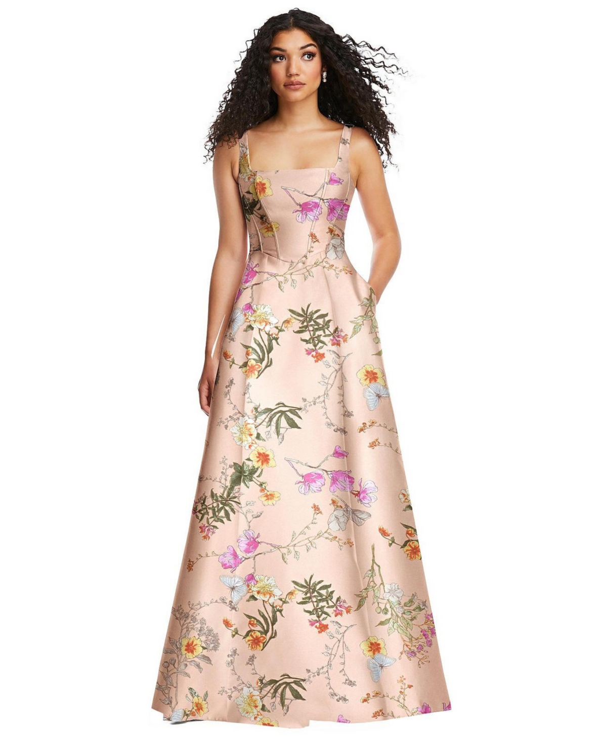 Womens Boned Corset Closed-Back Floral Satin Gown with Full Skirt - Butterfly botanica pink sand