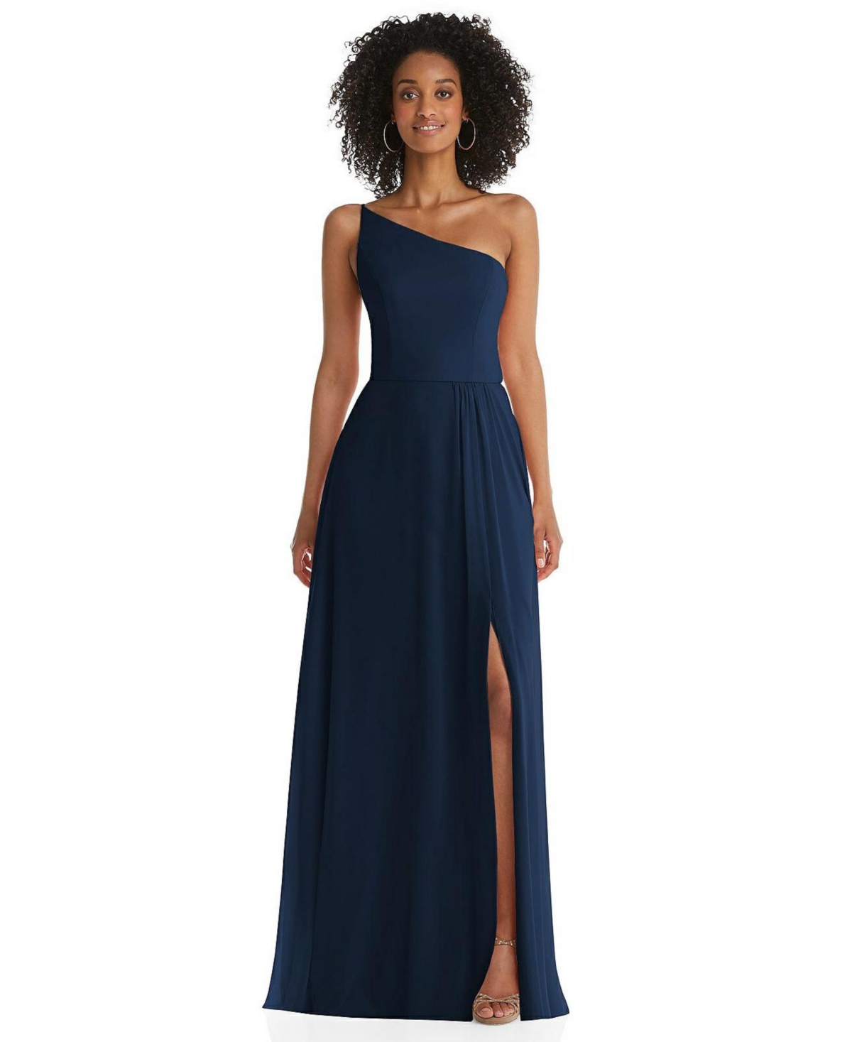 Women's One-Shoulder Chiffon Maxi Dress with Shirred Front Slit - Midnight navy