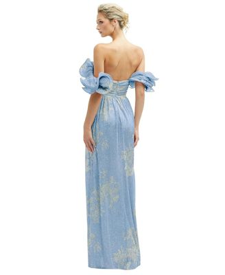 Women's Dramatic Ruffle Edge Convertible Strap Metallic Pleated Maxi Dress with Floral Gold Foil Print