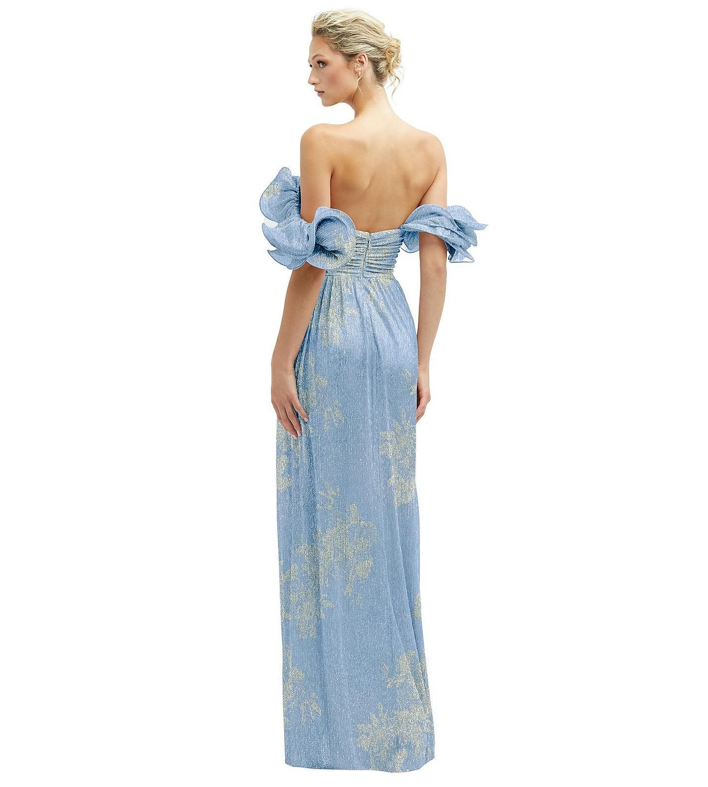 Женское платье After Six Dramatic Ruffle Edge Convertible Strap Metallic Pleated Maxi with Floral Gold Foil Print, цвет: Золотой — фото 2