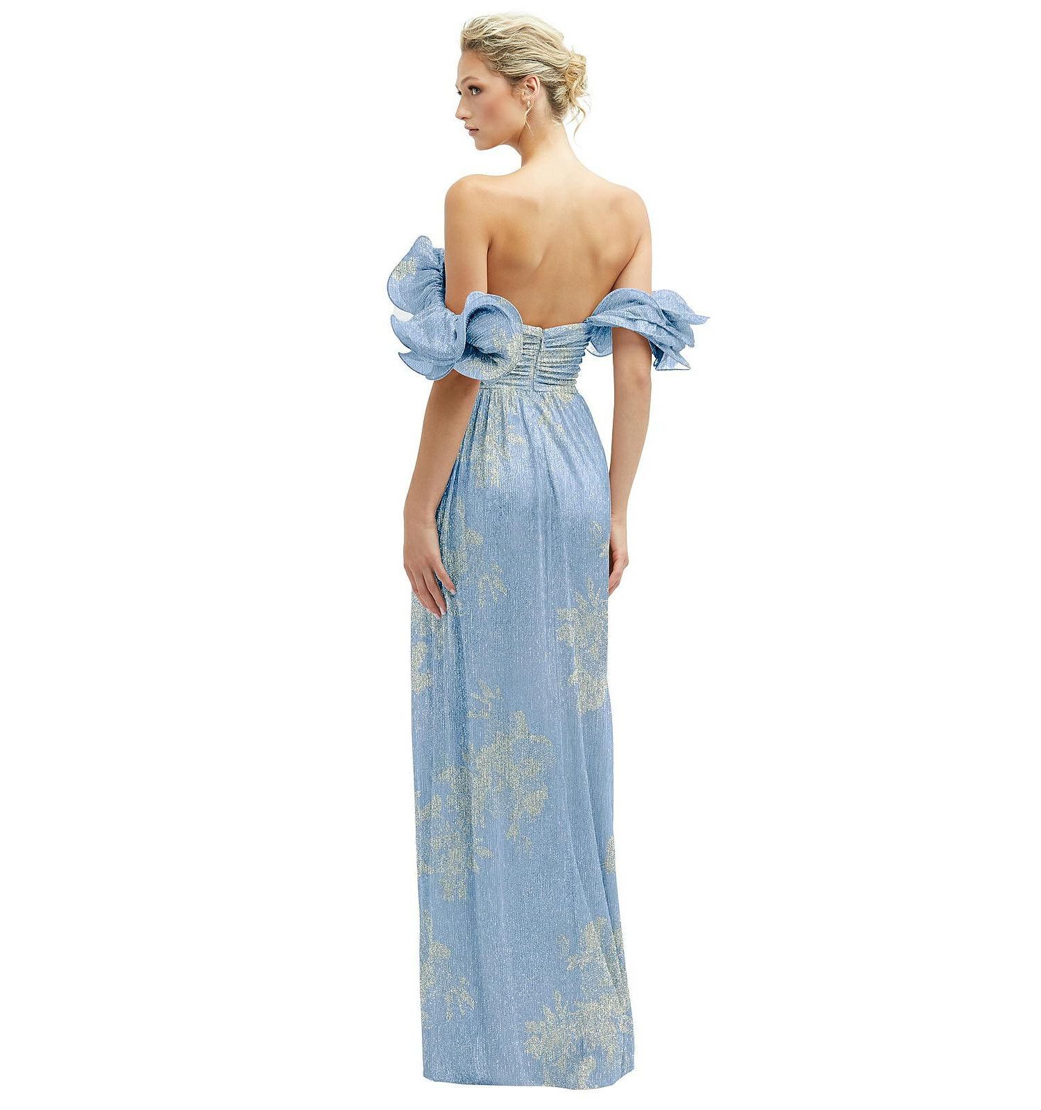 Women's Dramatic Ruffle Edge Convertible Strap Metallic Pleated Maxi Dress with Floral Gold Foil Print