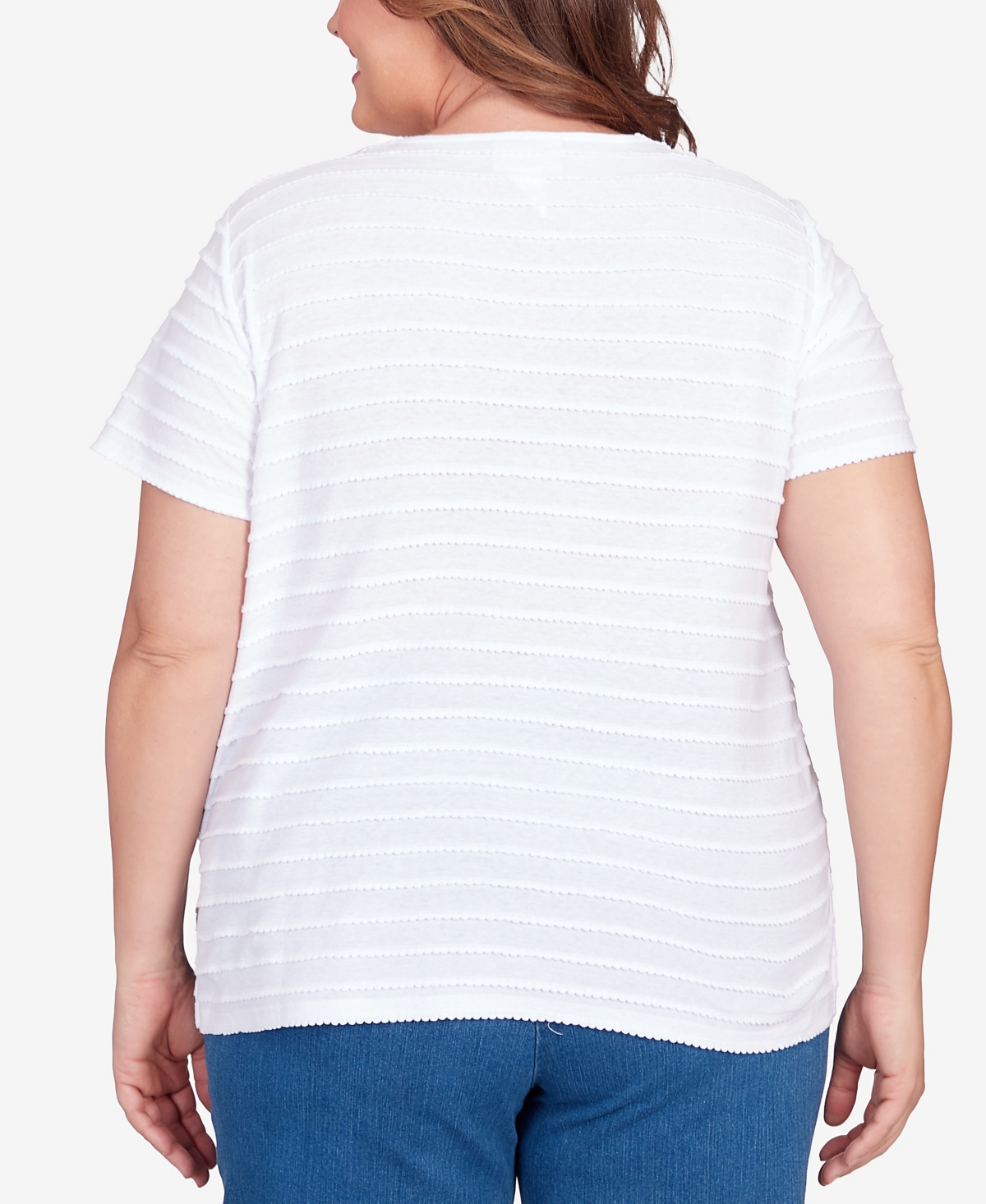 Alfred Dunner Plus Size Classic Neutrals Lace Neck Striped Split Hem T-shirt