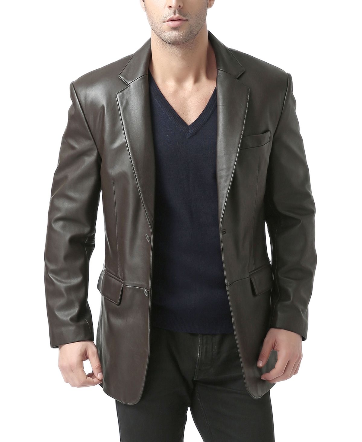 Men Classic Two-Button Leather Blazer - Big and Tall - Espresso