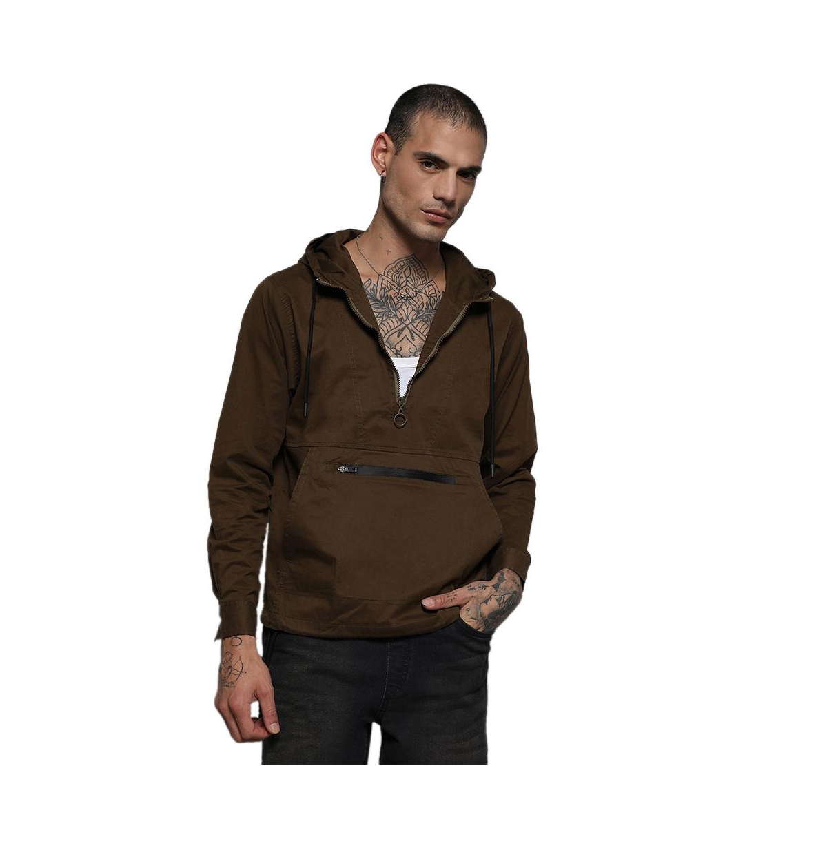 Men's Brown Half-Zip Utility Jacket With Contrast Drawstring - Brown