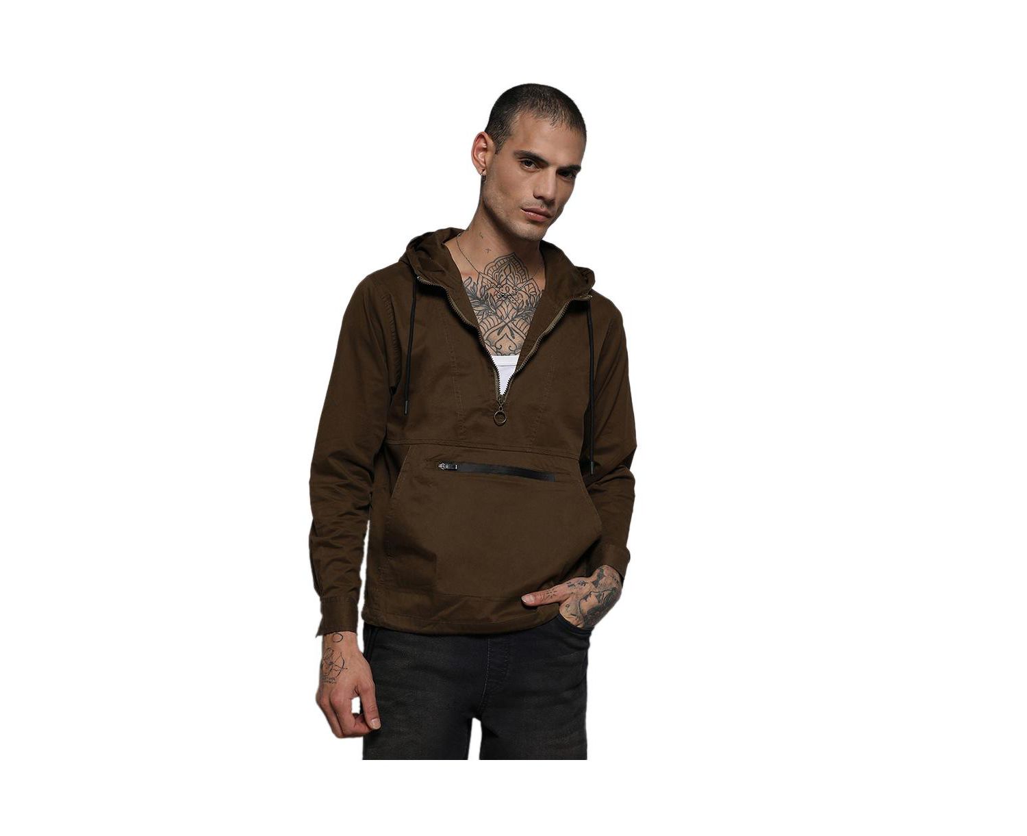 Men's Brown Half-Zip Utility Jacket With Contrast Drawstring