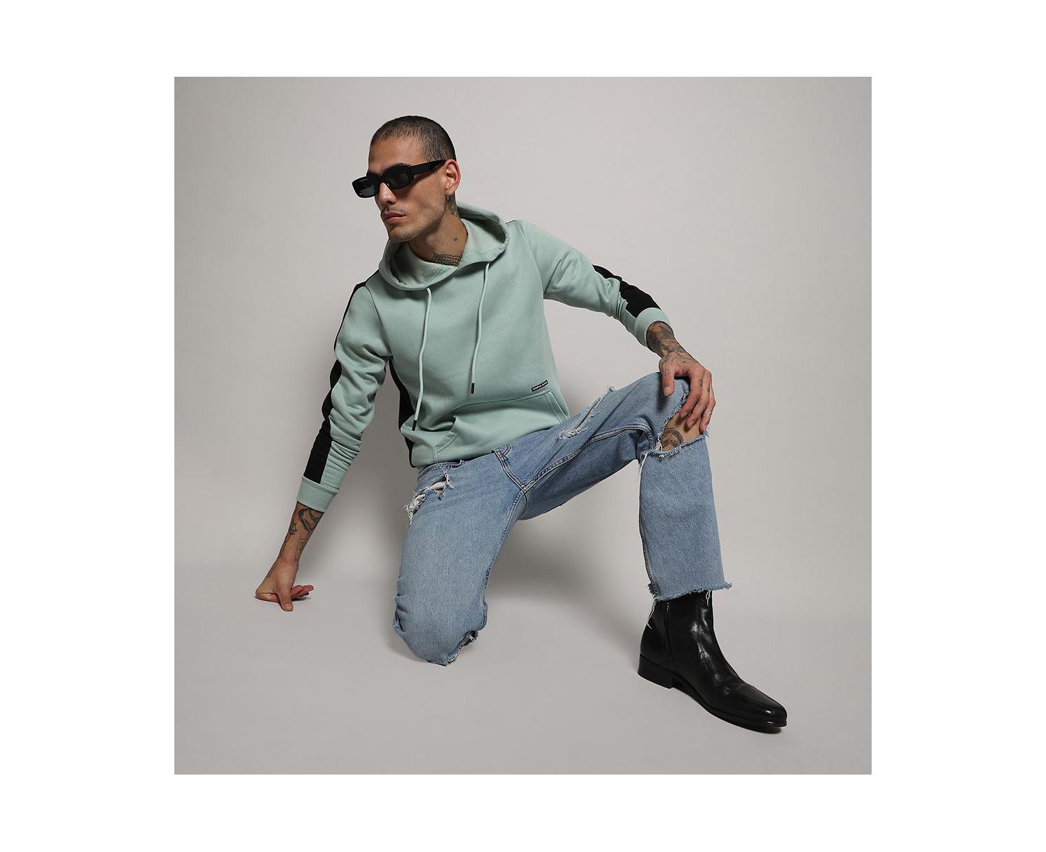 Men's Sage Green Pullover Hoodie With Contrast Back