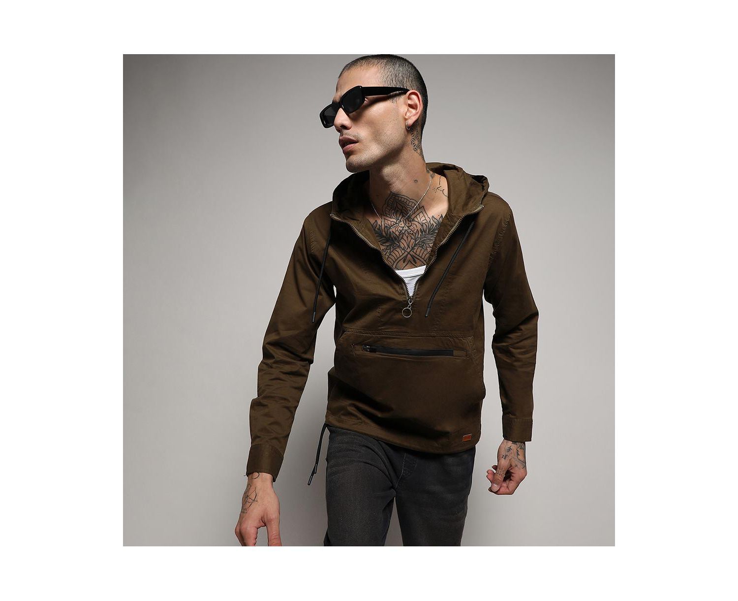 Men's Brown Half-Zip Utility Jacket With Contrast Drawstring