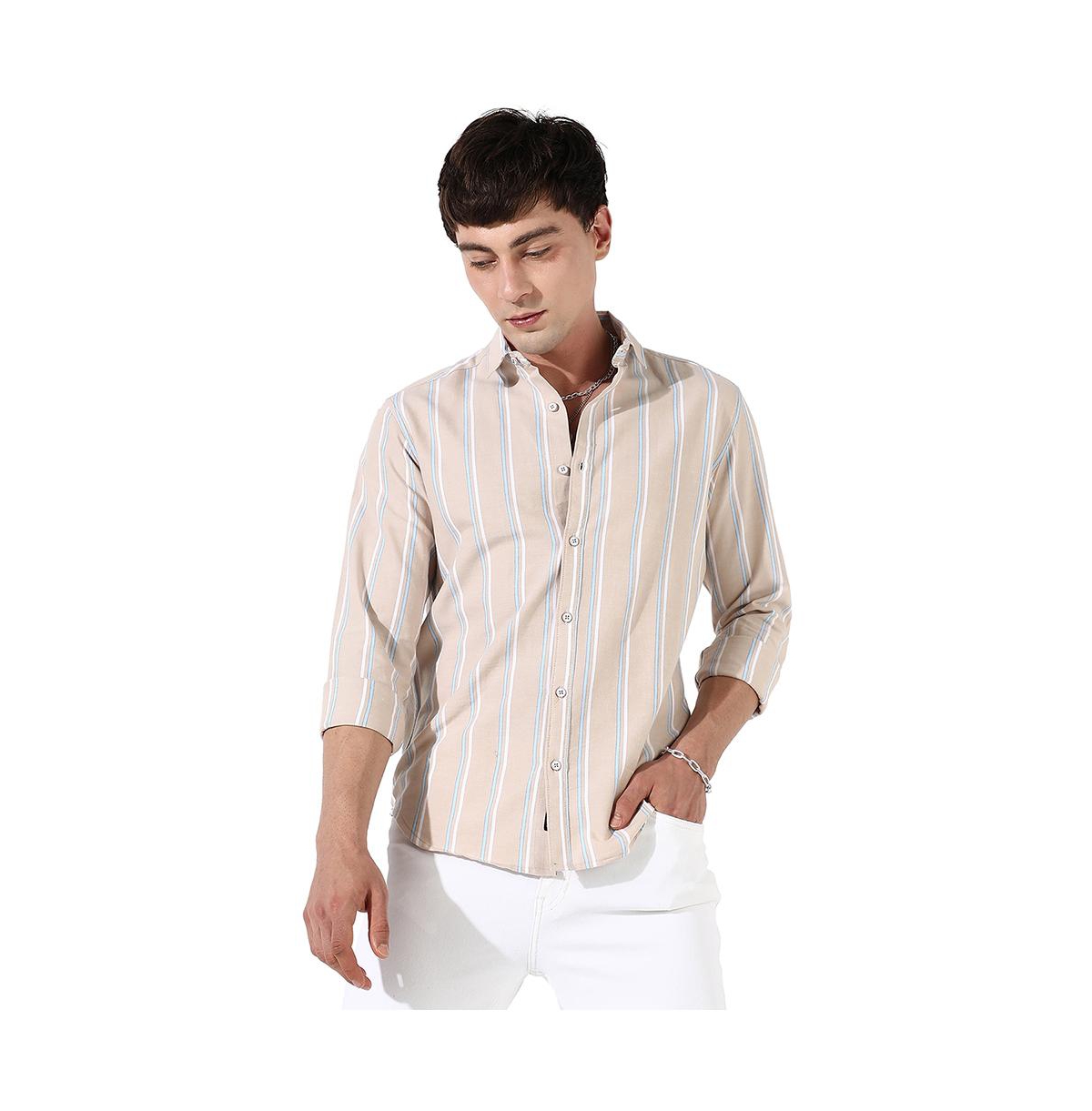 Men's Beige Striped Cotton Shirt - Beige