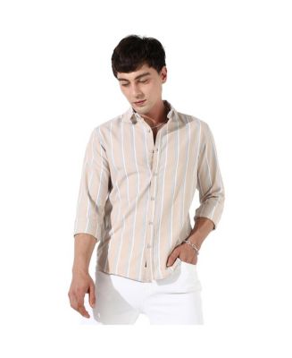 Men's Beige Striped Cotton T-Shirt