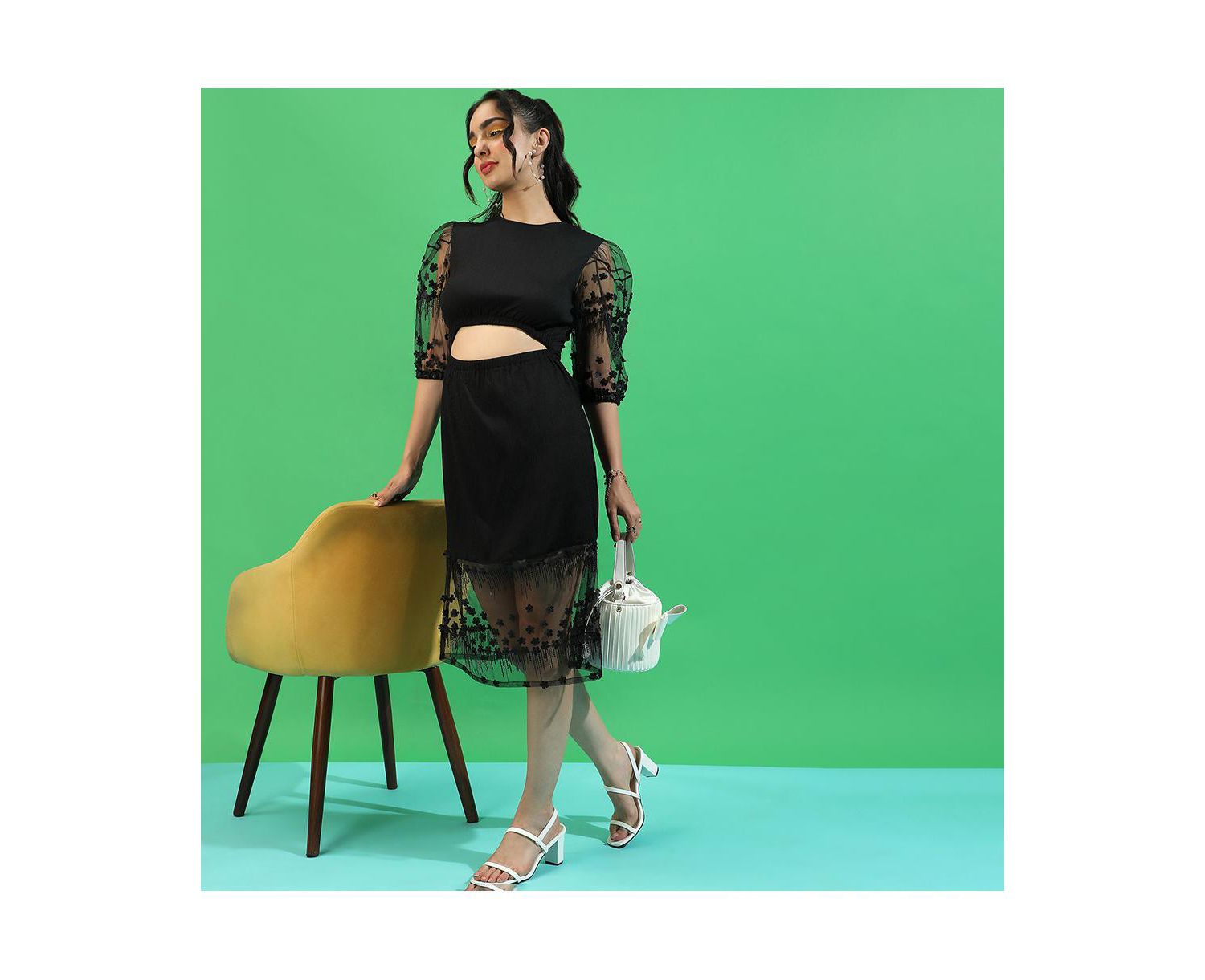 Women's Black Self-Design Dress With Cutout Detail