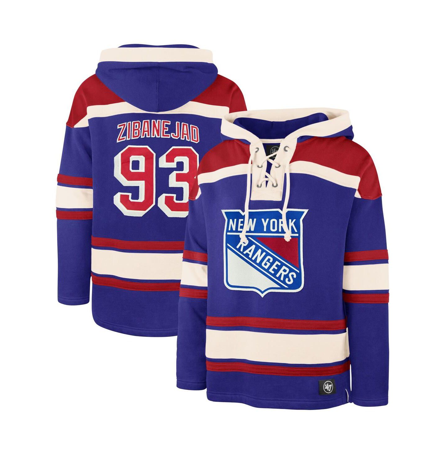 Мужское худи '47 Brand Mika Zibanejad Blue New York Rangers Player Name and Number Lacer Pullover — фото 1