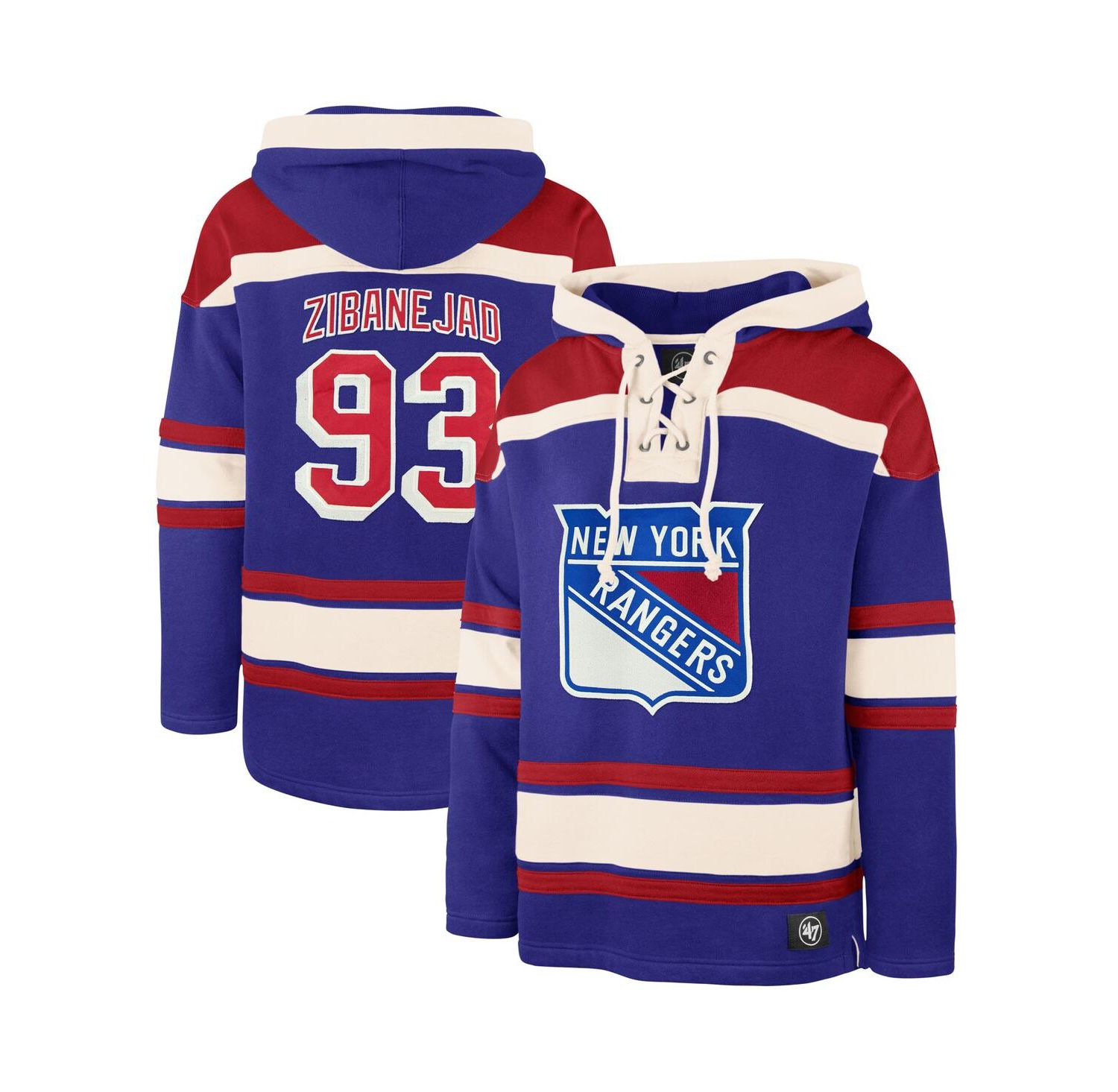 Men's Mika Zibanejad Blue New York Rangers Player Name and Number Lacer Pullover Hoodie