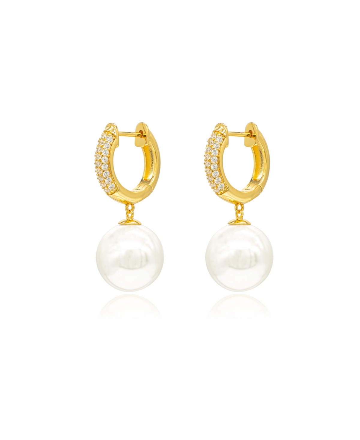 Pave Huggie Hoop Solitaire Imitation Pearl Drop Earrings - Gold