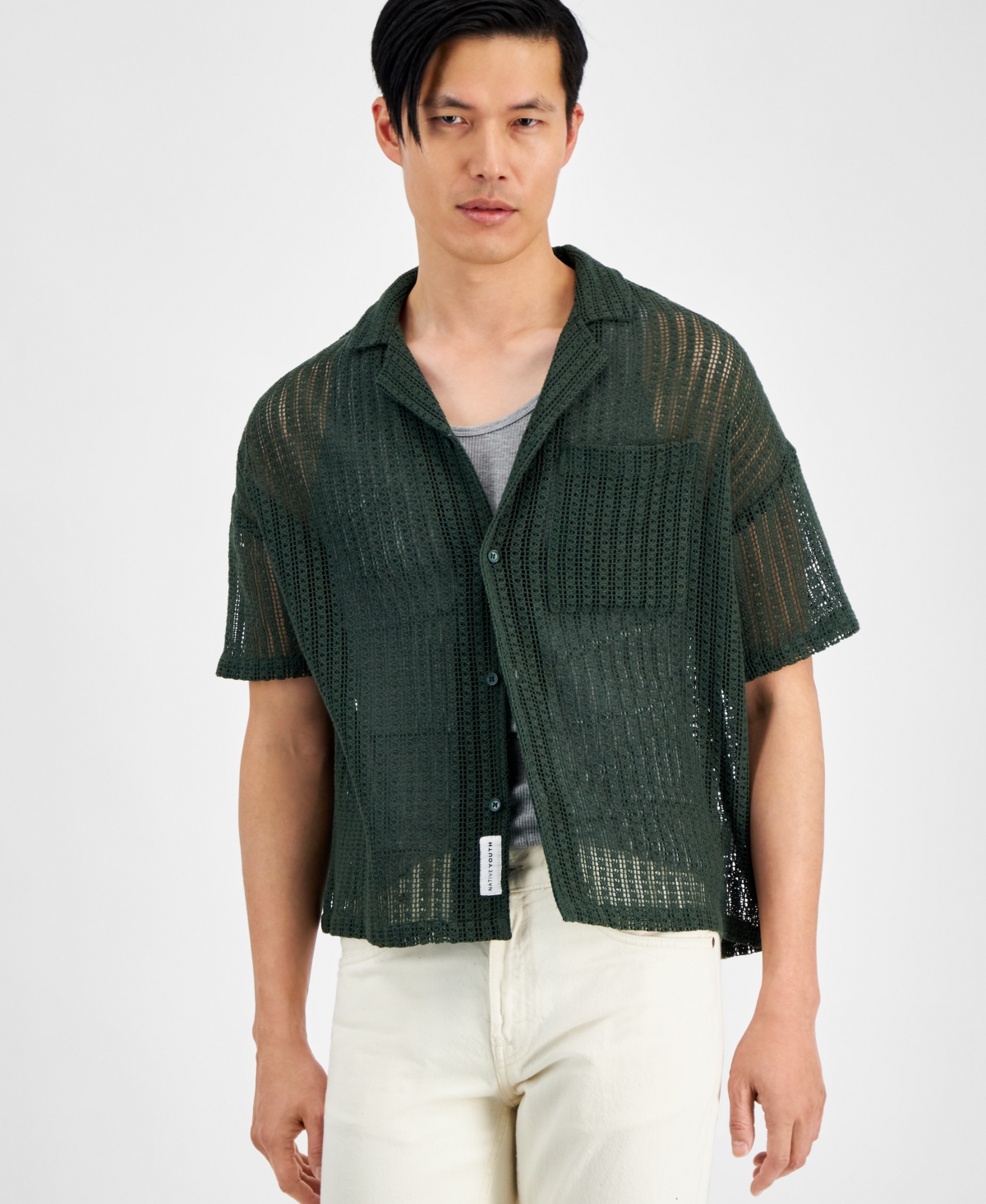Men's Oversized-Fit Cropped Macrame Button-Down Camp Shirt - Green