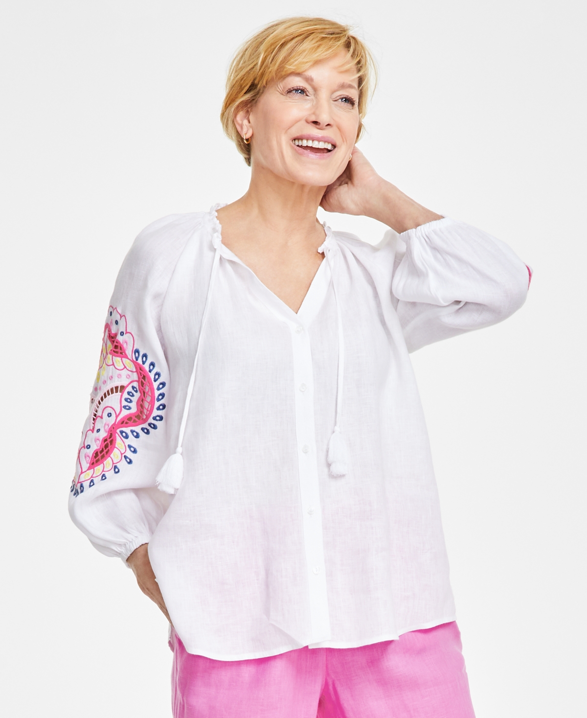 Women's 100% Linen Embroidered-Sleeve Peasant Top, Created for Macy's - Primrose Yellow