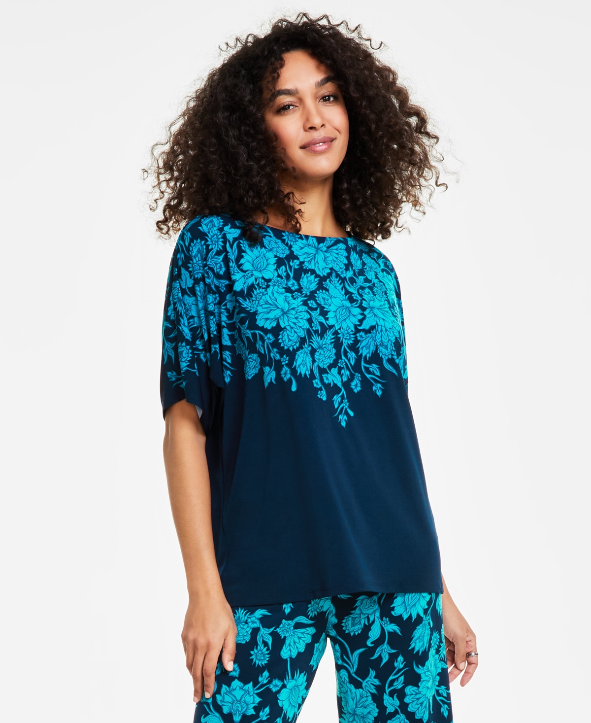 Jm Collection Women's Printed Short Dolman-sleeve Top, Created For Macy's In Intrepid Blue Combo