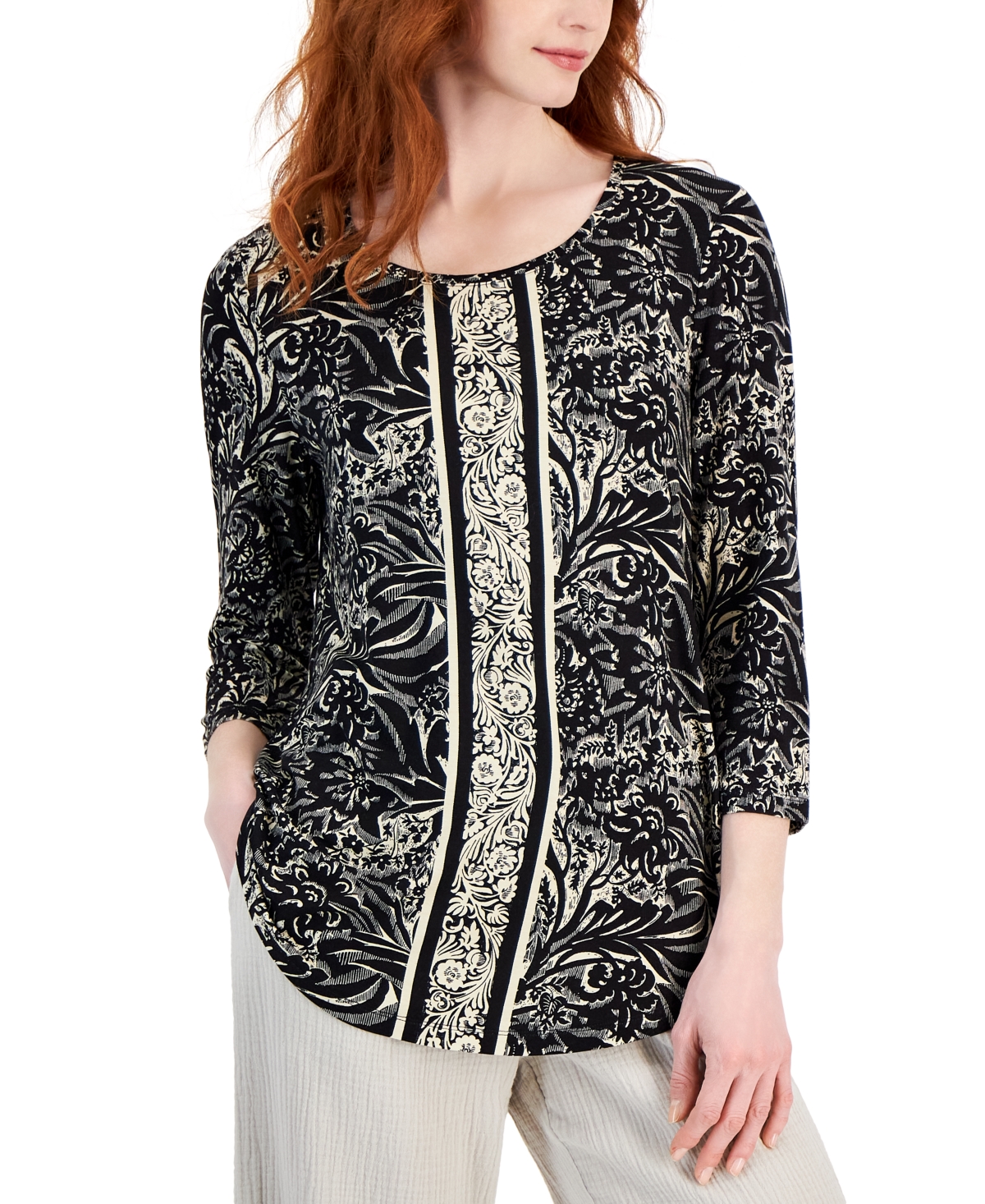 Shop Jm Collection Women's Printed 3/4-sleeve Relaxed Knit Top, Created For Macy's In Deep Black Combo