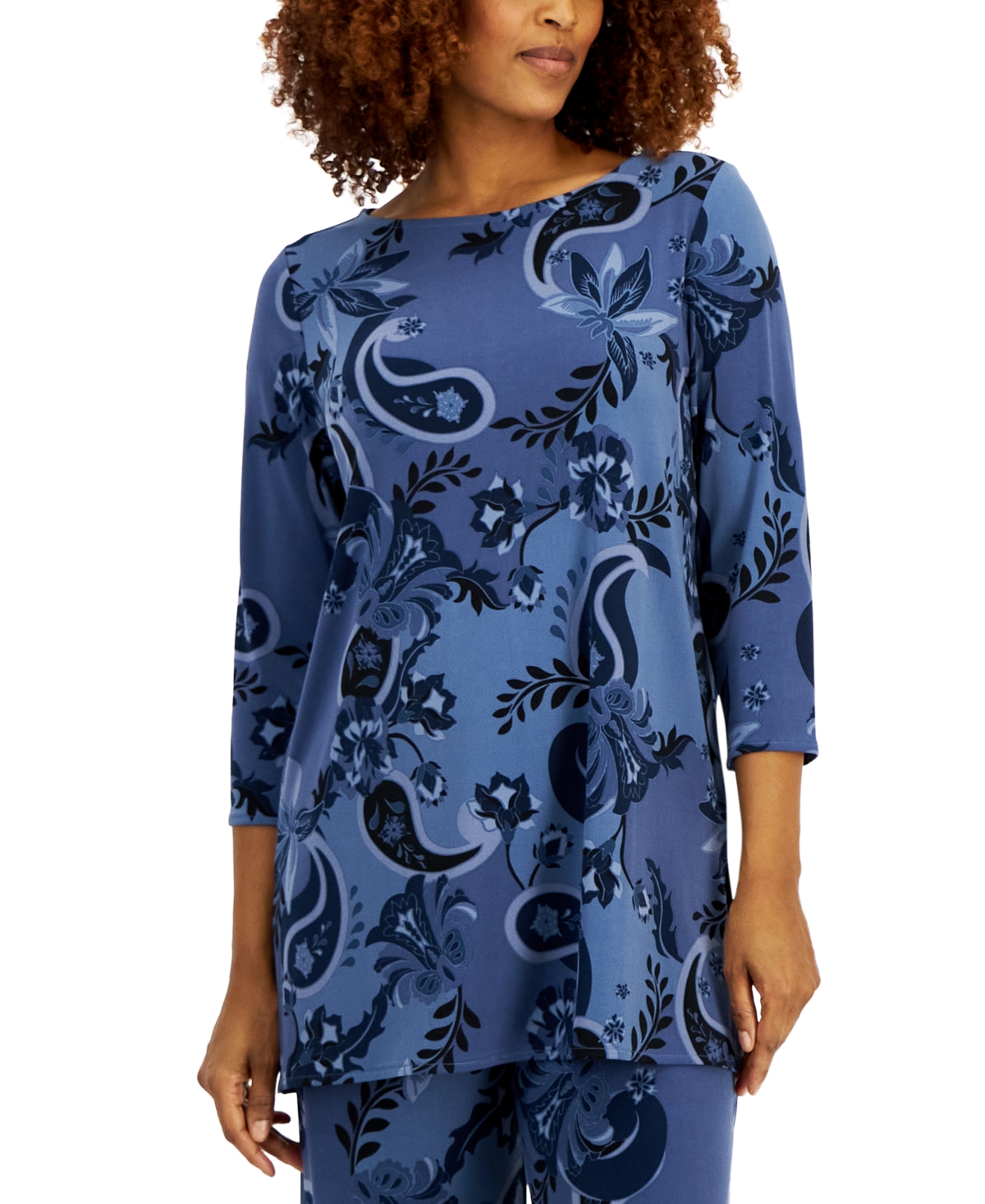 Jm Collection Petite Glamorous Garden 3/4-sleeve Boat-neck Top, Created For Macy's In Intrepid Blue Combo