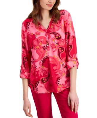 JM Collection - Women's Glamorous Garden Roll-Sleeve Top
