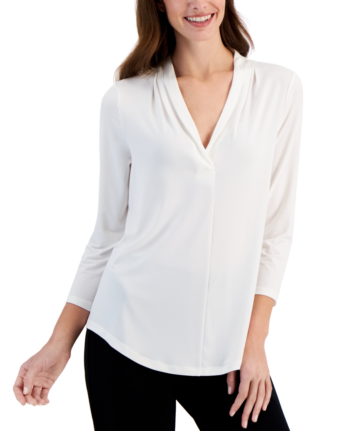 Women's 3/4 Sleeve V-Neck Pleat Top, Created for Macy's - Neo Natural