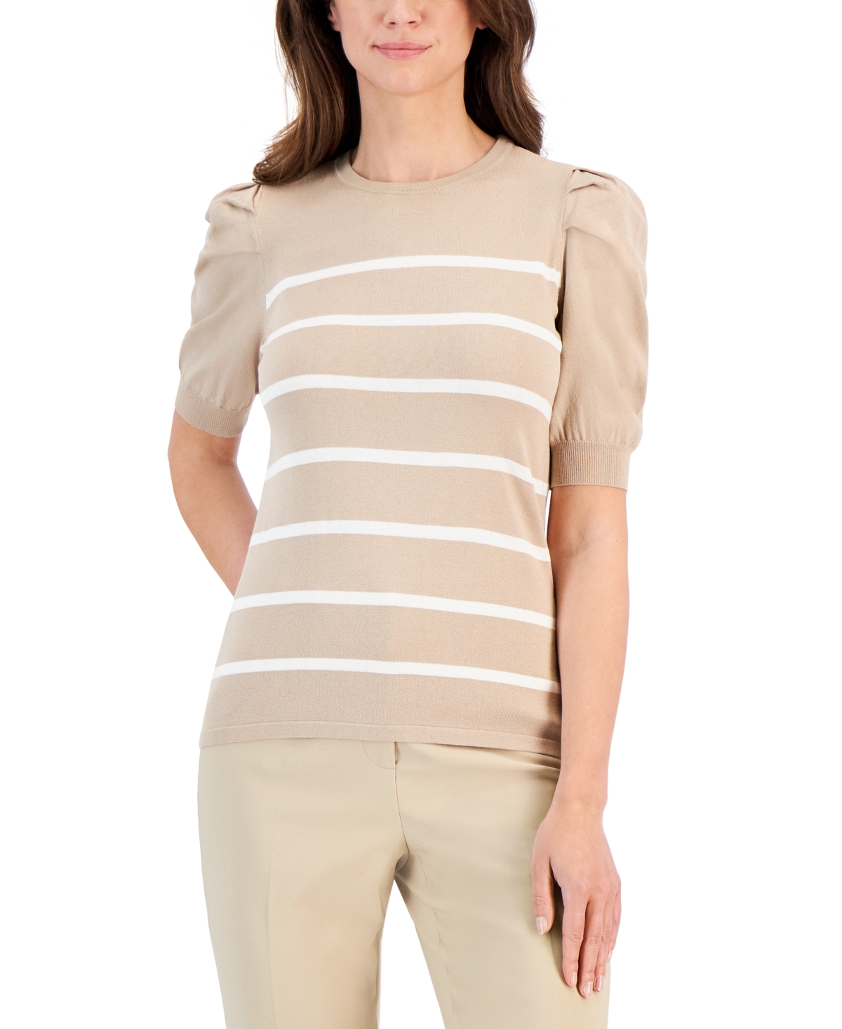Shop Anne Klein Women's Striped Puff-sleeve Sweater In Latte,anne White