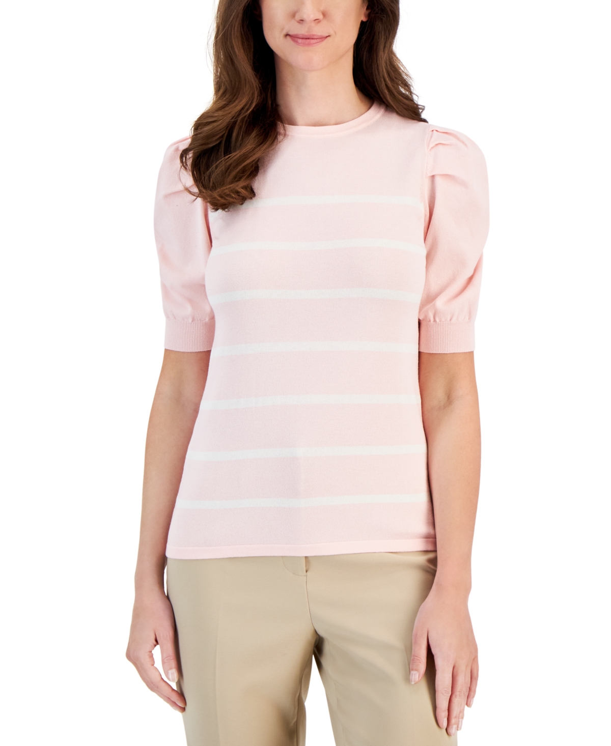 Shop Anne Klein Women's Striped Puff-sleeve Sweater In Cherry Blossom,anne White