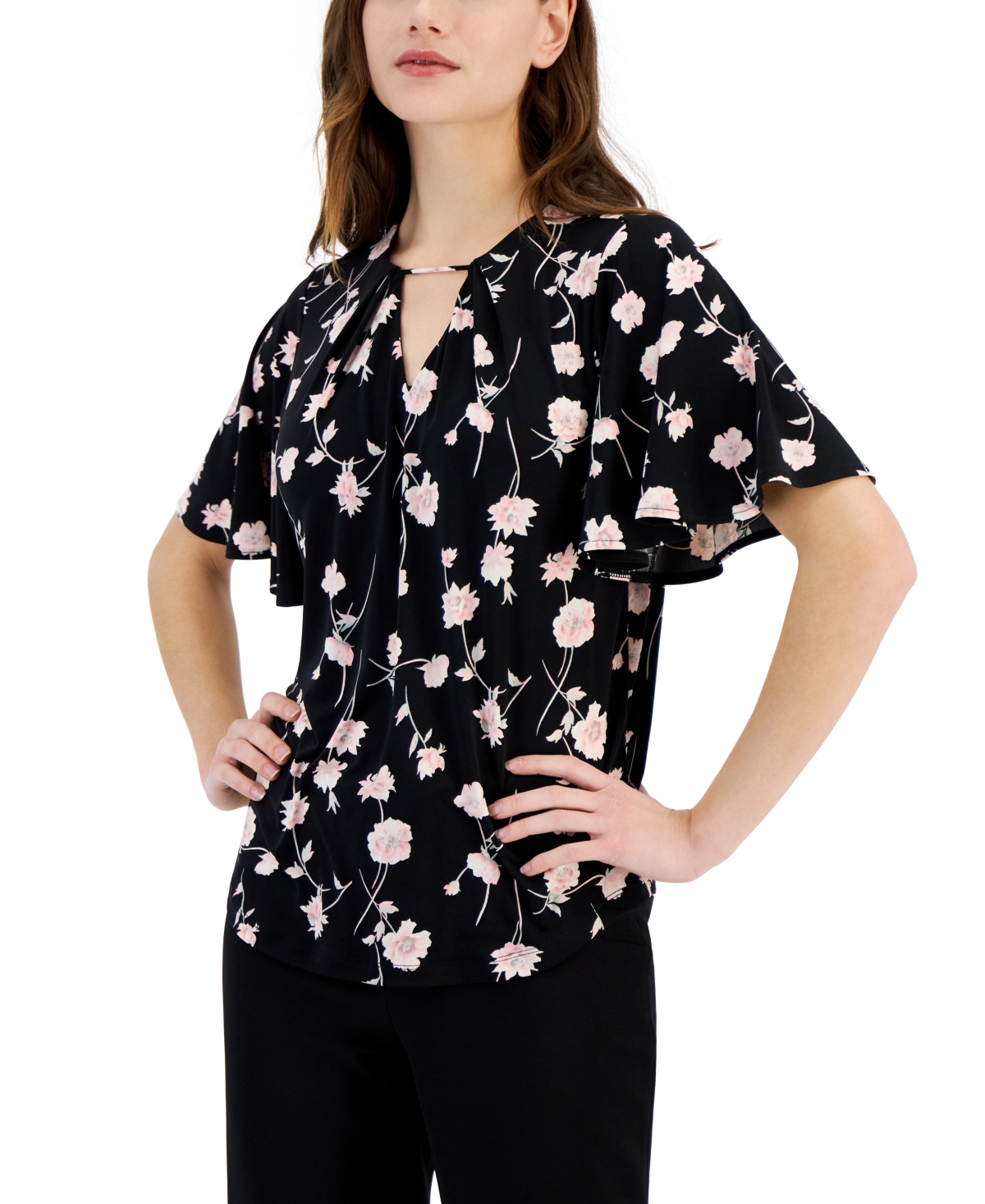 Shop Anne Klein Women's Floral-print Flutter-sleeve Top In Black,cherry Blossom