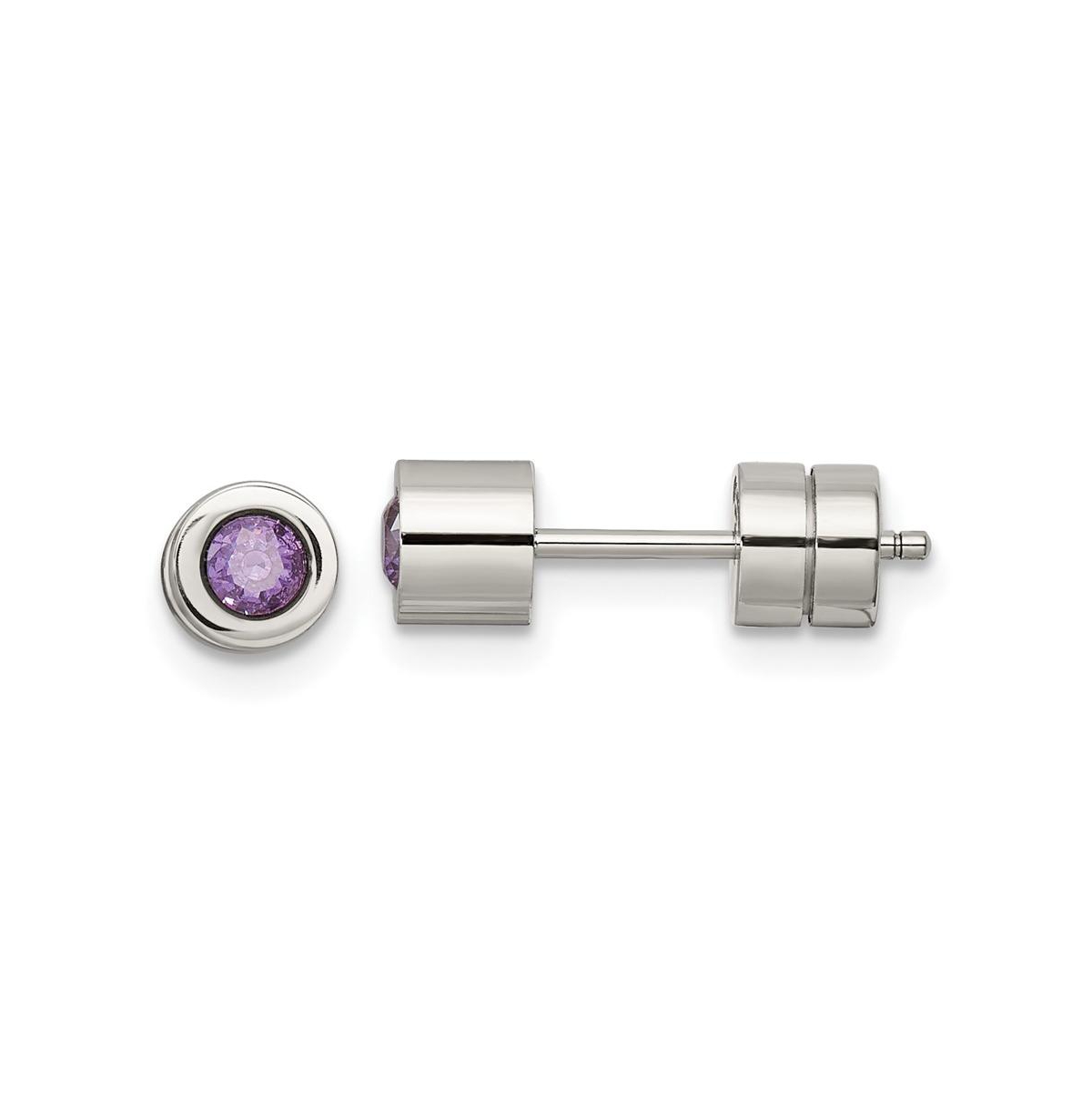 Stainless Steel Polished Purple Cz February Earrings - Silver