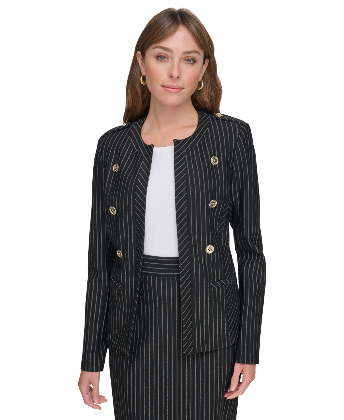 Shop Tommy Hilfiger Women's Striped Band-collar Jacket In Black,ivory