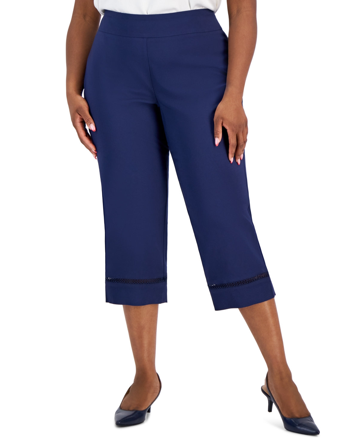 Jm Collection Plus Size Lace-inset Pull-on Capris, Created For Macy's In Intrepid Blue