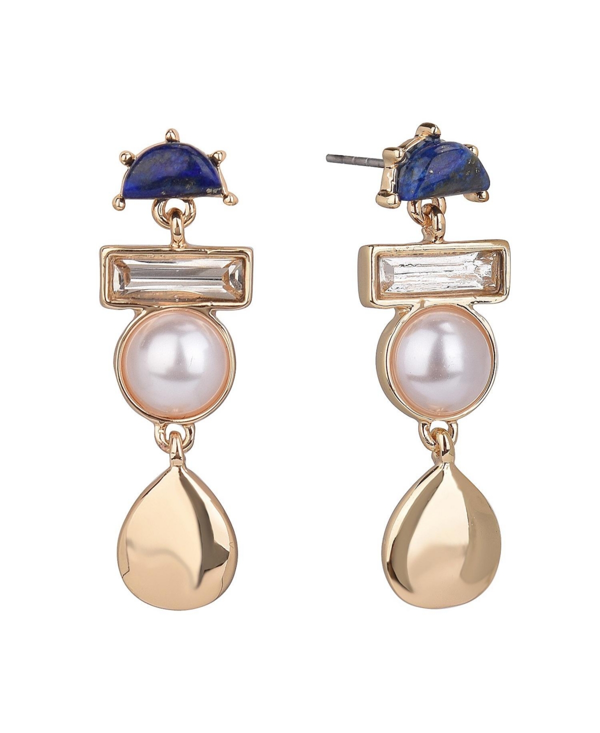 Gold Tone Linear Earrings with Stones and Pearls - Blue